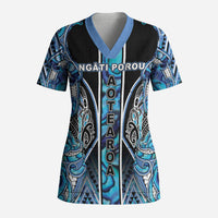Aotearoa Ngati Porou Scrub Top Maori Light Blue Tribal Paua Shell Pattern DT05 Adult Blue - Polynesian Pride