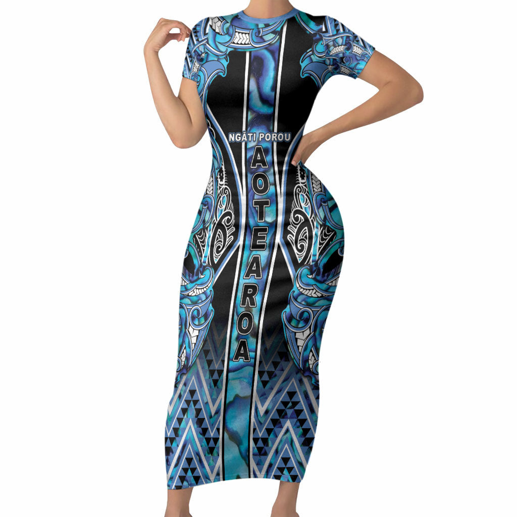 Aotearoa Ngati Porou Short Sleeve Bodycon Dress Maori Light Blue Tribal Paua Shell Pattern DT05 Long Dress Blue - Polynesian Pride
