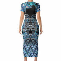 Aotearoa Ngati Porou Short Sleeve Bodycon Dress Maori Light Blue Tribal Paua Shell Pattern DT05 - Polynesian Pride