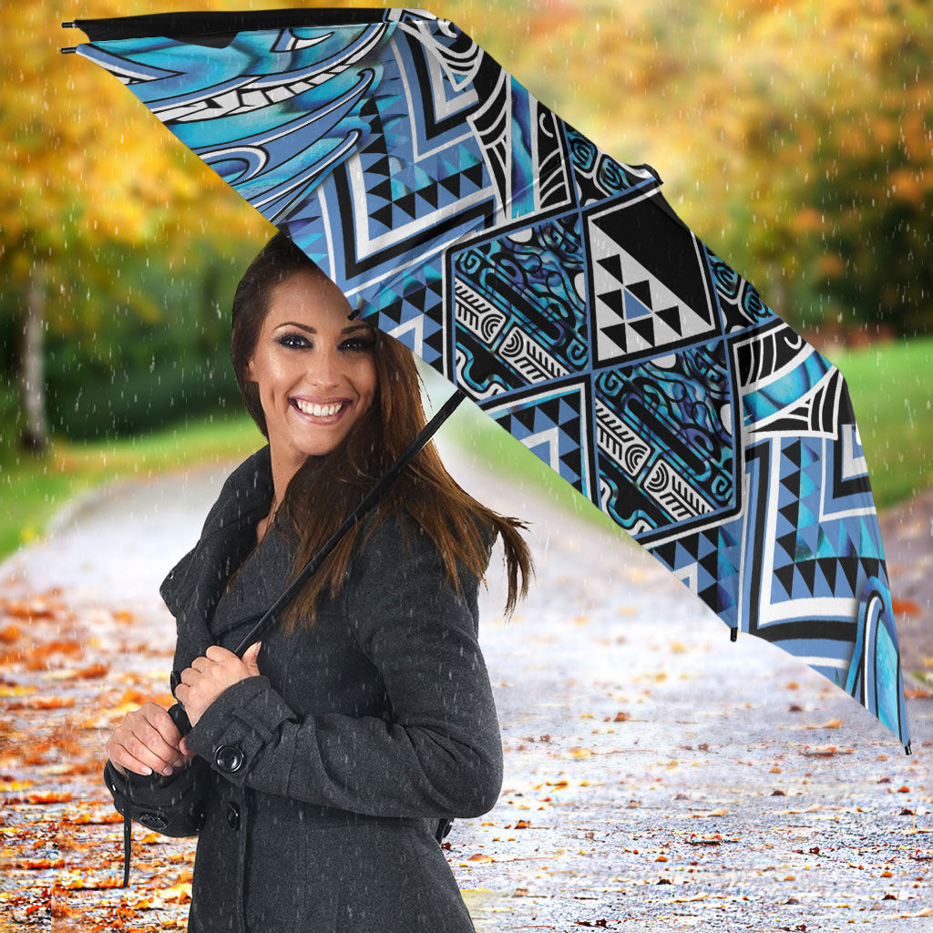 Aotearoa Ngati Porou Umbrella Maori Light Blue Tribal Paua Shell Pattern DT05 - Polynesian Pride