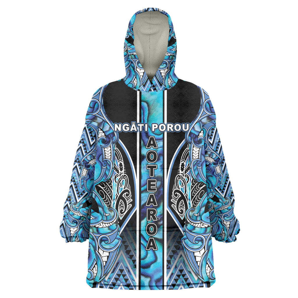 Aotearoa Ngati Porou Wearable Blanket Hoodie Maori Light Blue Tribal Paua Shell Pattern DT05 One Size Blue - Polynesian Pride
