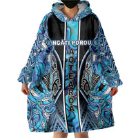 Aotearoa Ngati Porou Wearable Blanket Hoodie Maori Light Blue Tribal Paua Shell Pattern DT05 - Polynesian Pride