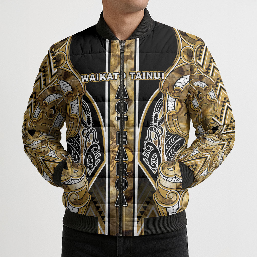 Aotearoa Waikato Tainui Bomber Puffer Jacket Maori Light Gold Tribal Paua Shell Pattern DT05 - Polynesian Pride