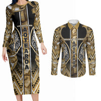 Aotearoa Waikato Tainui Couples Matching Long Sleeve Bodycon Dress and Long Sleeve Button Shirt Maori Light Gold Tribal Paua Shell Pattern DT05 Yellow - Polynesian Pride