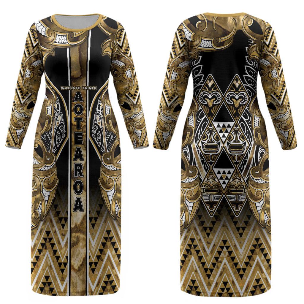 Aotearoa Waikato Tainui Couples Matching Long Sleeve Bodycon Dress and Long Sleeve Button Shirt Maori Light Gold Tribal Paua Shell Pattern DT05 - Polynesian Pride