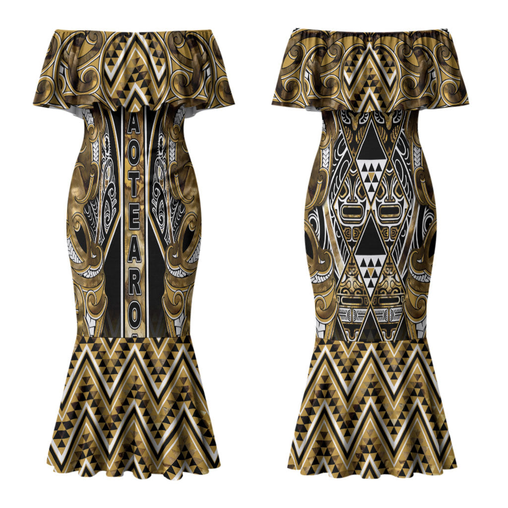 Aotearoa Waikato Tainui Couples Matching Mermaid Dress and Hawaiian Shirt Maori Light Gold Tribal Paua Shell Pattern DT05 - Polynesian Pride