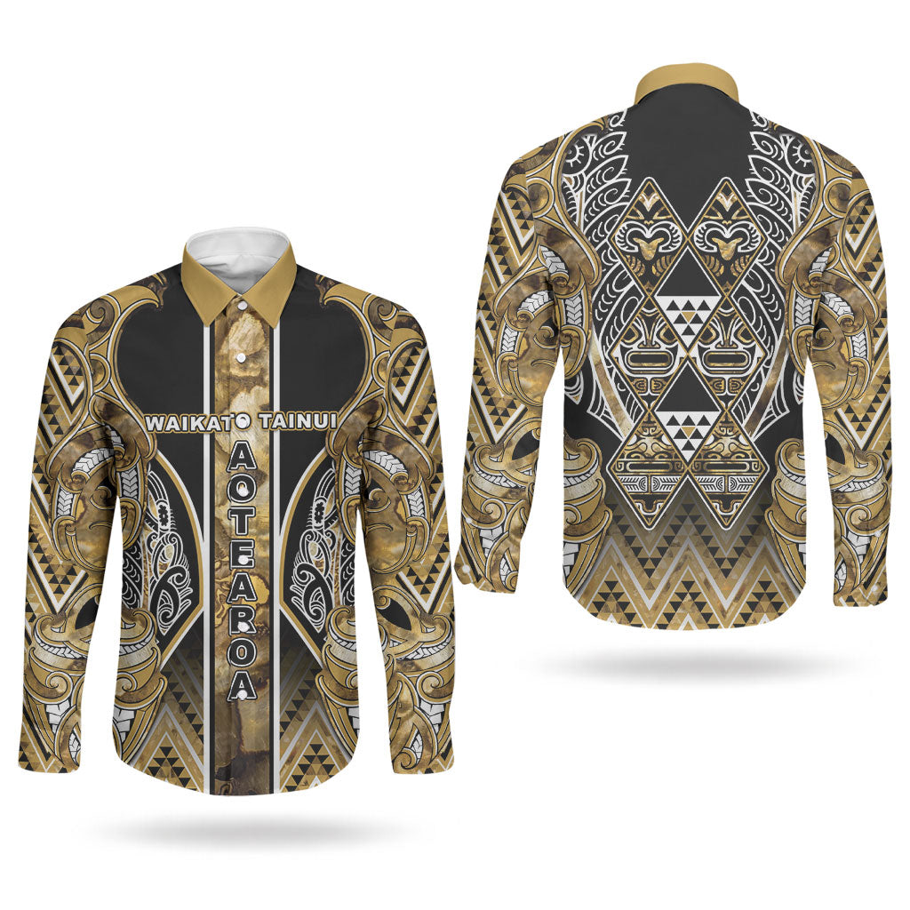 Aotearoa Waikato Tainui Couples Matching Off The Shoulder Long Sleeve Dress and Long Sleeve Button Shirt Maori Light Gold Tribal Paua Shell Pattern DT05 - Polynesian Pride