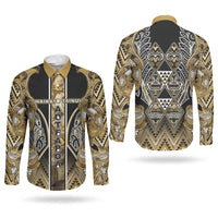 Aotearoa Waikato Tainui Couples Matching Off The Shoulder Long Sleeve Dress and Long Sleeve Button Shirt Maori Light Gold Tribal Paua Shell Pattern DT05 - Polynesian Pride