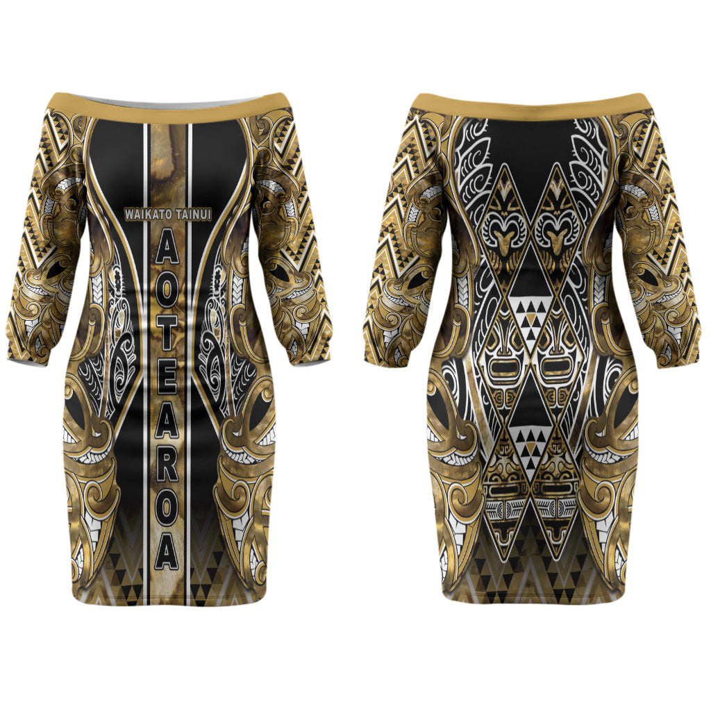Aotearoa Waikato Tainui Couples Matching Off The Shoulder Long Sleeve Dress and Long Sleeve Button Shirt Maori Light Gold Tribal Paua Shell Pattern DT05 - Polynesian Pride