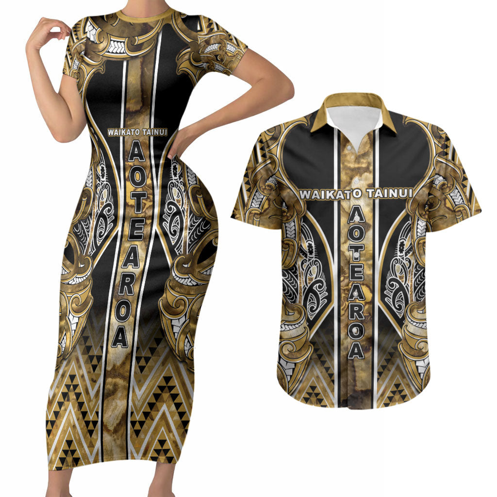 Aotearoa Waikato Tainui Couples Matching Short Sleeve Bodycon Dress and Hawaiian Shirt Maori Light Gold Tribal Paua Shell Pattern DT05 Yellow - Polynesian Pride