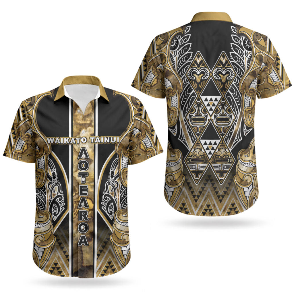 Aotearoa Waikato Tainui Couples Matching Short Sleeve Bodycon Dress and Hawaiian Shirt Maori Light Gold Tribal Paua Shell Pattern DT05 - Polynesian Pride