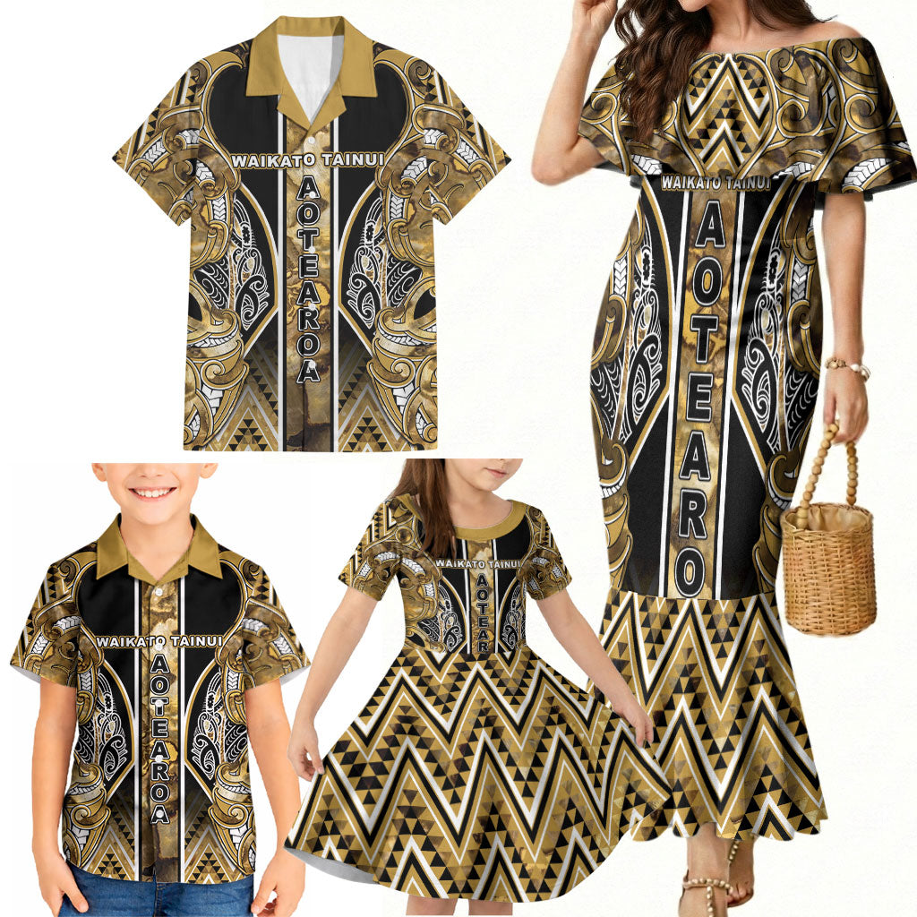 Aotearoa Waikato Tainui Family Matching Mermaid Dress and Hawaiian Shirt Maori Light Gold Tribal Paua Shell Pattern DT05 - Polynesian Pride