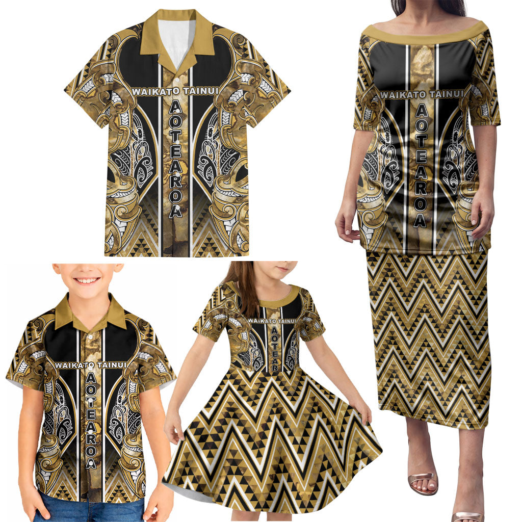 Aotearoa Waikato Tainui Family Matching Puletasi and Hawaiian Shirt Maori Light Gold Tribal Paua Shell Pattern DT05 - Polynesian Pride
