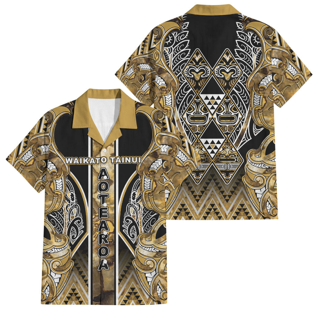 Aotearoa Waikato Tainui Family Matching Puletasi and Hawaiian Shirt Maori Light Gold Tribal Paua Shell Pattern DT05 Dad's Shirt - Short Sleeve Yellow - Polynesian Pride