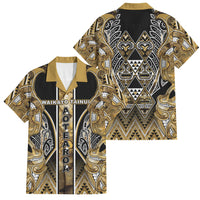 Aotearoa Waikato Tainui Family Matching Puletasi and Hawaiian Shirt Maori Light Gold Tribal Paua Shell Pattern DT05 Dad's Shirt - Short Sleeve Yellow - Polynesian Pride