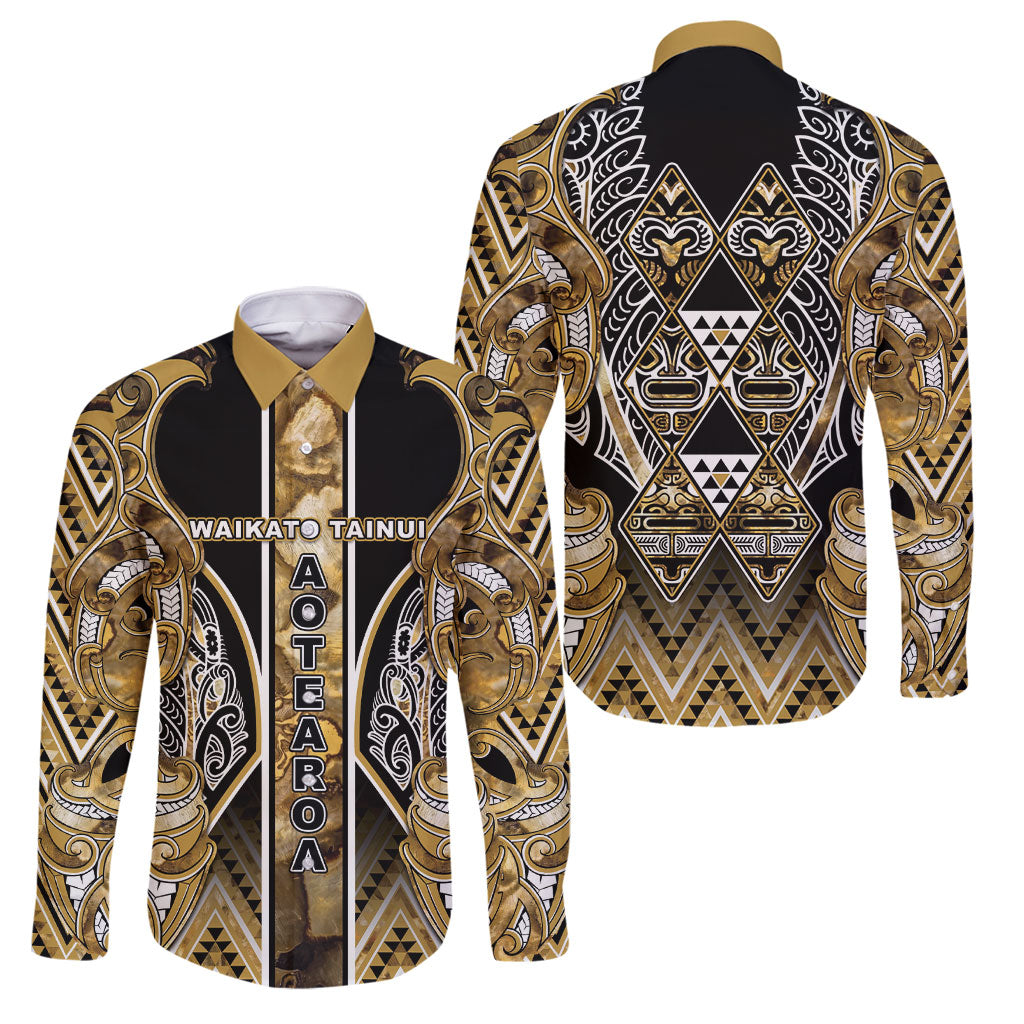 Aotearoa Waikato Tainui Family Matching Puletasi and Hawaiian Shirt Maori Light Gold Tribal Paua Shell Pattern DT05 Dad's Shirt - Long Sleeve Yellow - Polynesian Pride