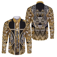 Aotearoa Waikato Tainui Family Matching Puletasi and Hawaiian Shirt Maori Light Gold Tribal Paua Shell Pattern DT05 Dad's Shirt - Long Sleeve Yellow - Polynesian Pride