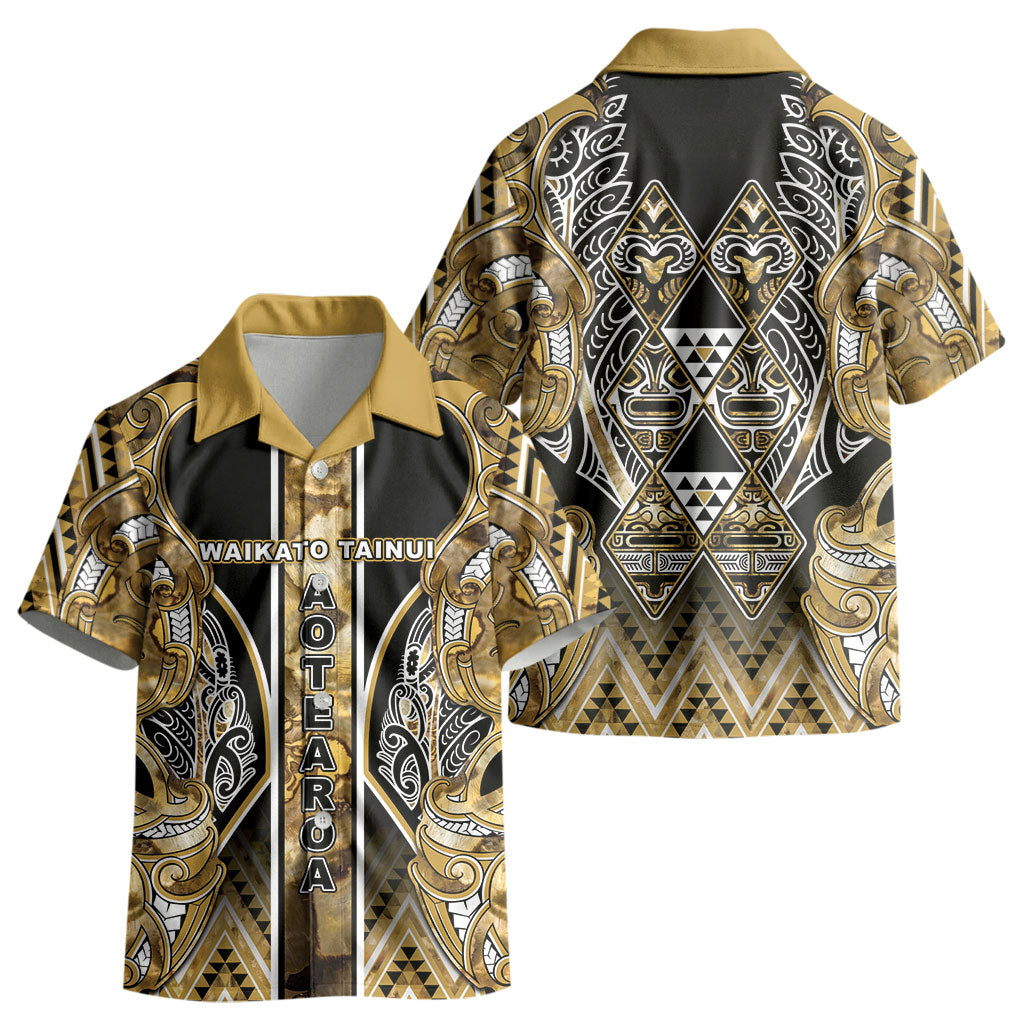 Aotearoa Waikato Tainui Kid Hawaiian Shirt Maori Light Gold Tribal Paua Shell Pattern DT05 - Polynesian Pride