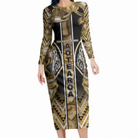 Aotearoa Waikato Tainui Long Sleeve Bodycon Dress Maori Light Gold Tribal Paua Shell Pattern DT05 Long Dress Yellow - Polynesian Pride