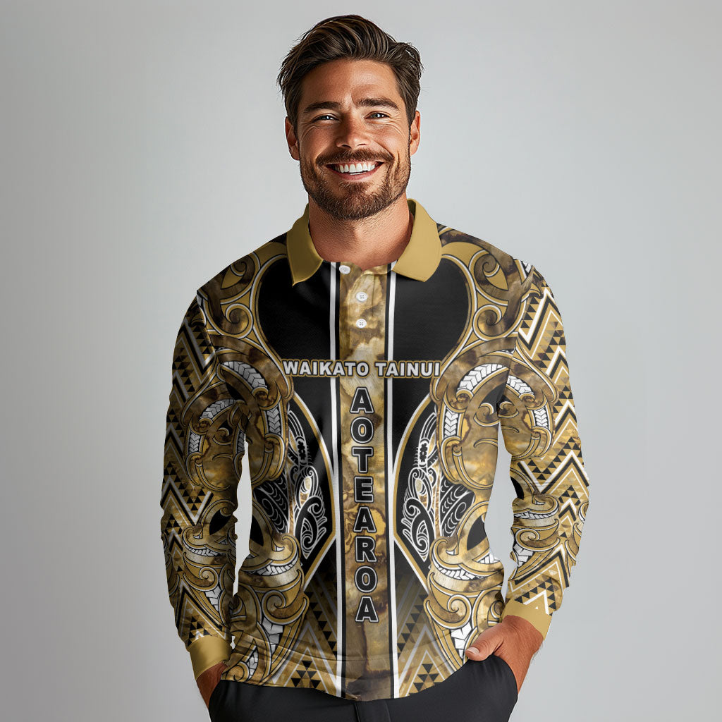 Aotearoa Waikato Tainui Long Sleeve Polo Shirt Maori Light Gold Tribal Paua Shell Pattern DT05 - Polynesian Pride
