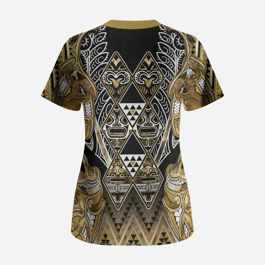 Aotearoa Waikato Tainui Scrub Top Maori Light Gold Tribal Paua Shell Pattern DT05 - Polynesian Pride
