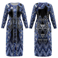 Aotearoa Ngati Kahungunu Couples Matching Long Sleeve Bodycon Dress and Hawaiian Shirt Maori Tribal Blue Paua Shell Pattern DT05 - Polynesian Pride