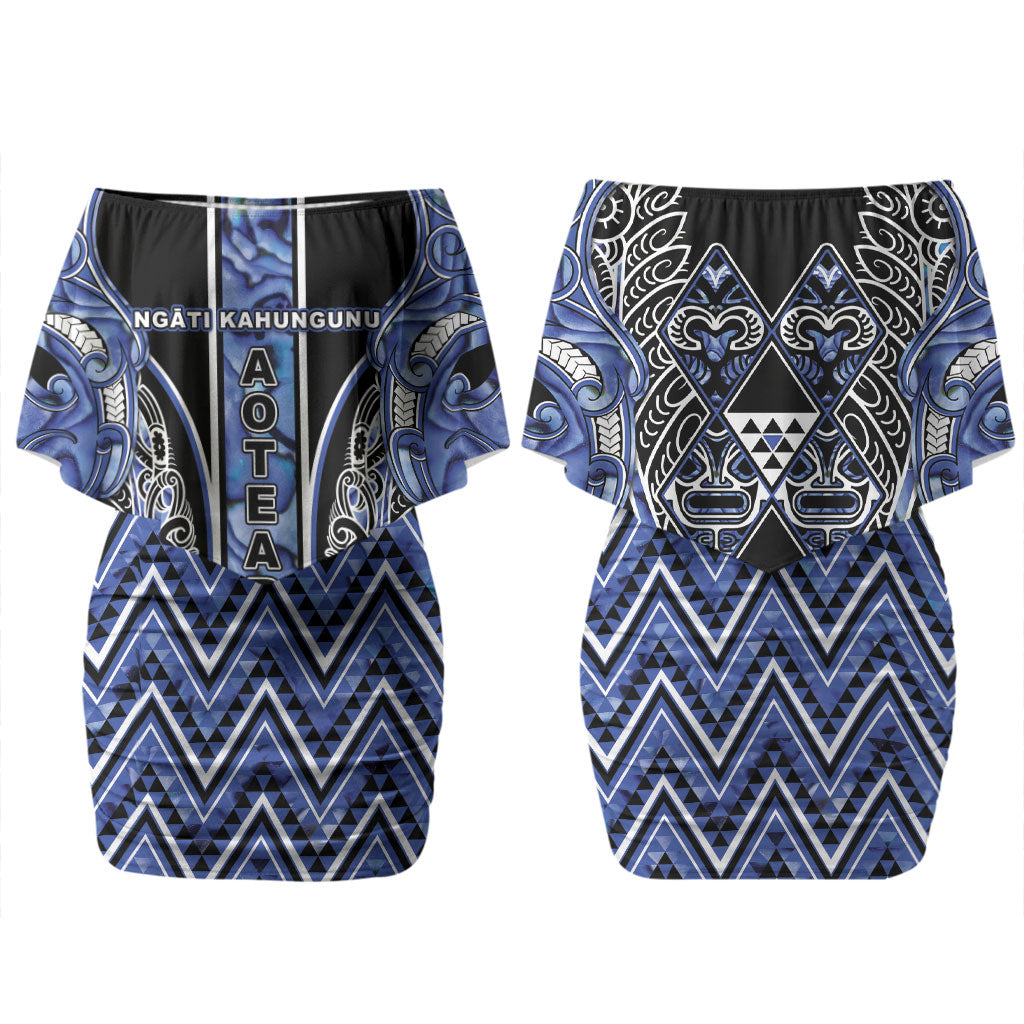 Aotearoa Ngati Kahungunu Couples Matching Off Shoulder Short Dress and Long Sleeve Button Shirt Maori Tribal Blue Paua Shell Pattern DT05 - Polynesian Pride