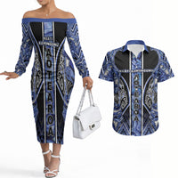Aotearoa Ngati Kahungunu Couples Matching Off The Shoulder Long Sleeve Dress and Hawaiian Shirt Maori Tribal Blue Paua Shell Pattern DT05 Blue - Polynesian Pride