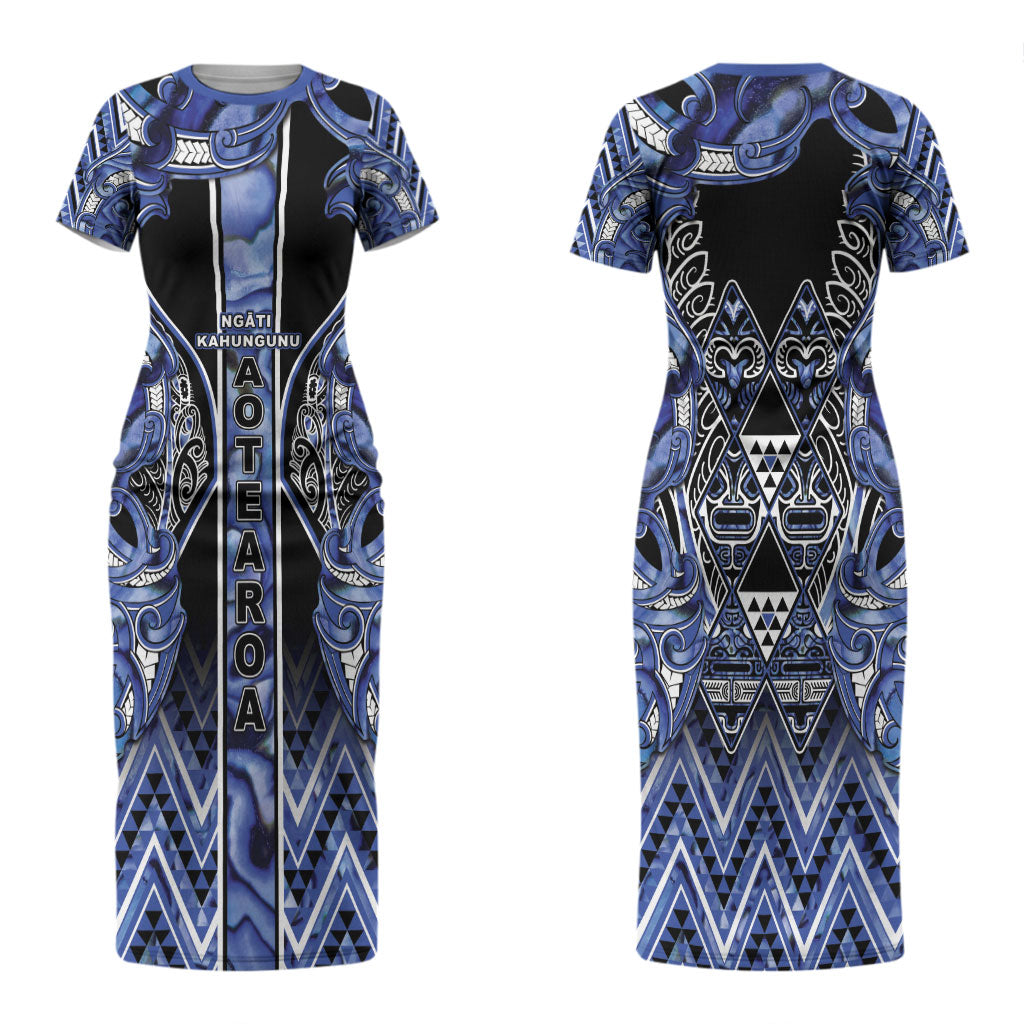 Aotearoa Ngati Kahungunu Couples Matching Short Sleeve Bodycon Dress and Hawaiian Shirt Maori Tribal Blue Paua Shell Pattern DT05 - Polynesian Pride
