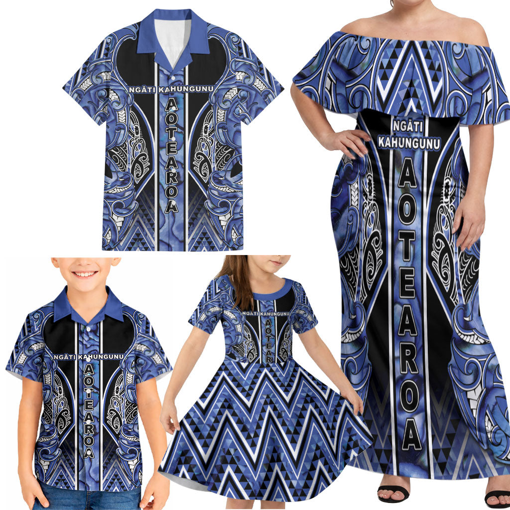 Aotearoa Ngati Kahungunu Family Matching Off Shoulder Maxi Dress and Hawaiian Shirt Maori Tribal Blue Paua Shell Pattern DT05 - Polynesian Pride