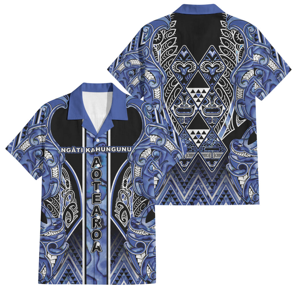 Aotearoa Ngati Kahungunu Family Matching Puletasi and Hawaiian Shirt Maori Tribal Blue Paua Shell Pattern DT05 Dad's Shirt - Short Sleeve Blue - Polynesian Pride