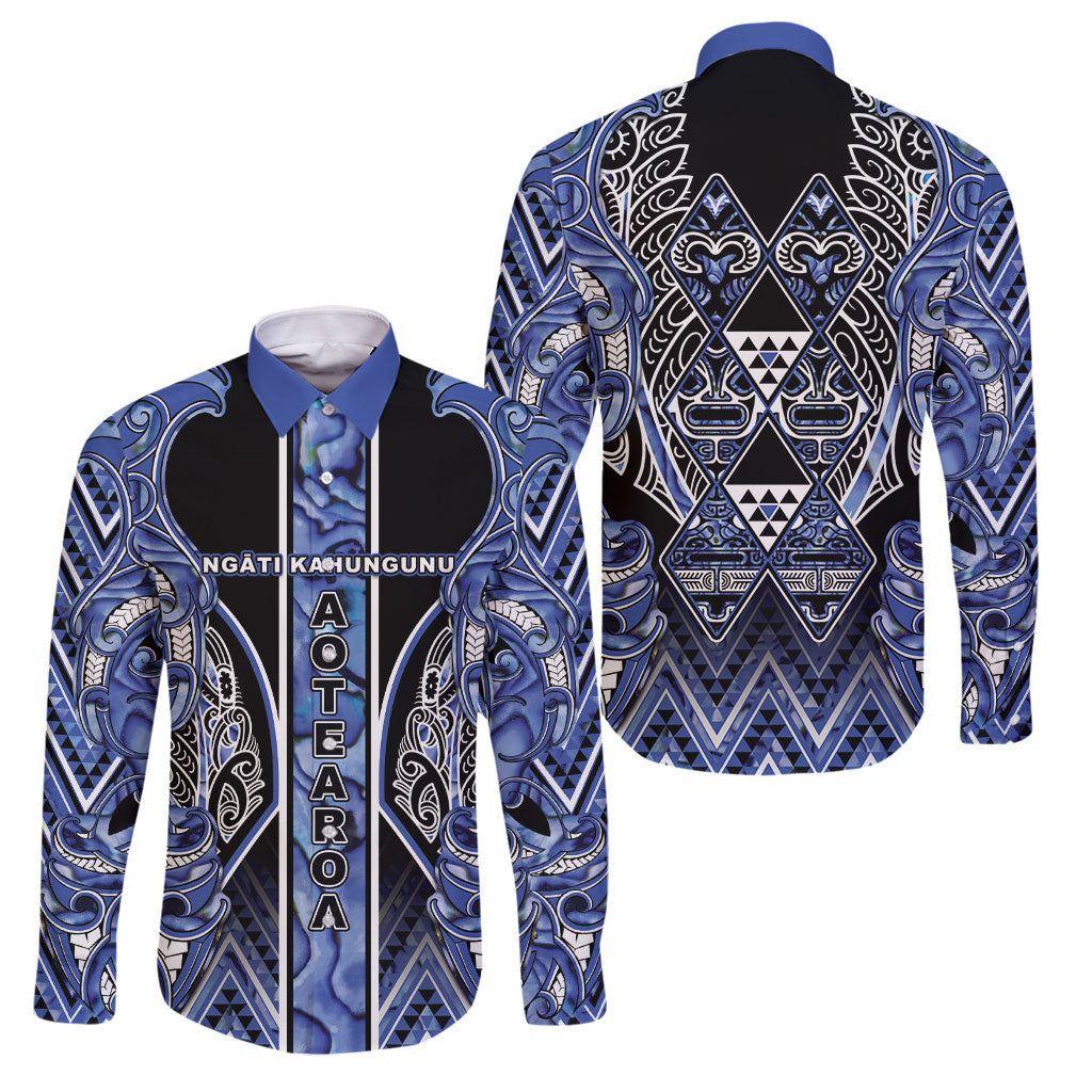 Aotearoa Ngati Kahungunu Family Matching Puletasi and Hawaiian Shirt Maori Tribal Blue Paua Shell Pattern DT05 Dad's Shirt - Long Sleeve Blue - Polynesian Pride