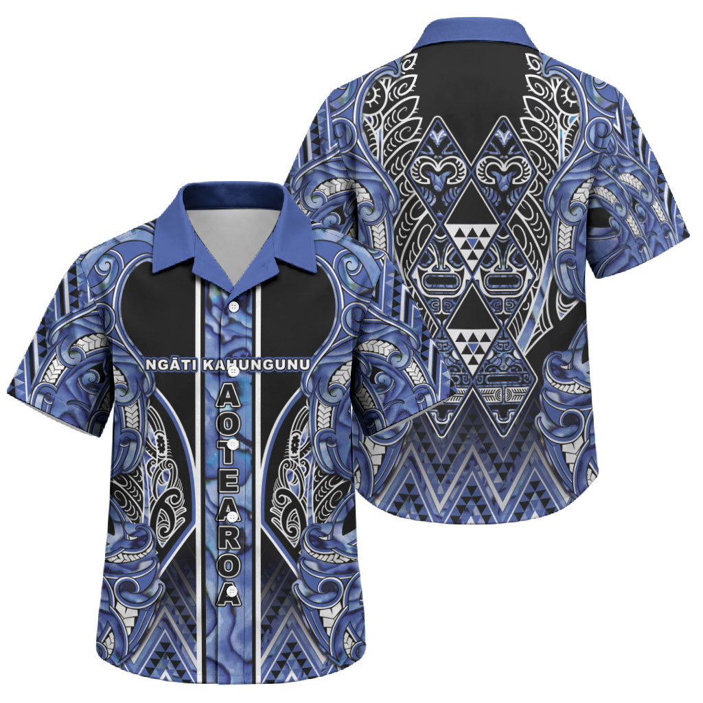 Aotearoa Ngati Kahungunu Family Matching Puletasi and Hawaiian Shirt Maori Tribal Blue Paua Shell Pattern DT05 Son's Shirt Blue - Polynesian Pride