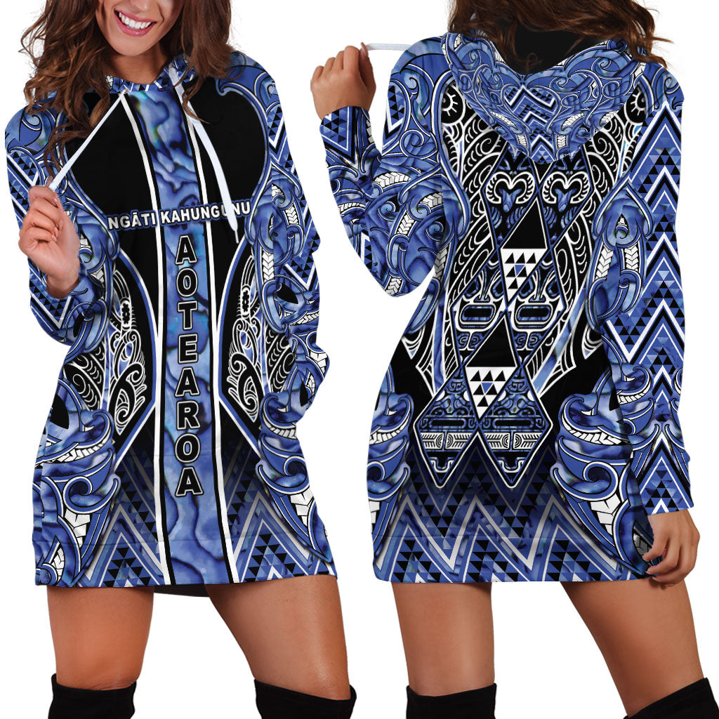 Aotearoa Ngati Kahungunu Hoodie Dress Maori Tribal Blue Paua Shell Pattern DT05 - Polynesian Pride