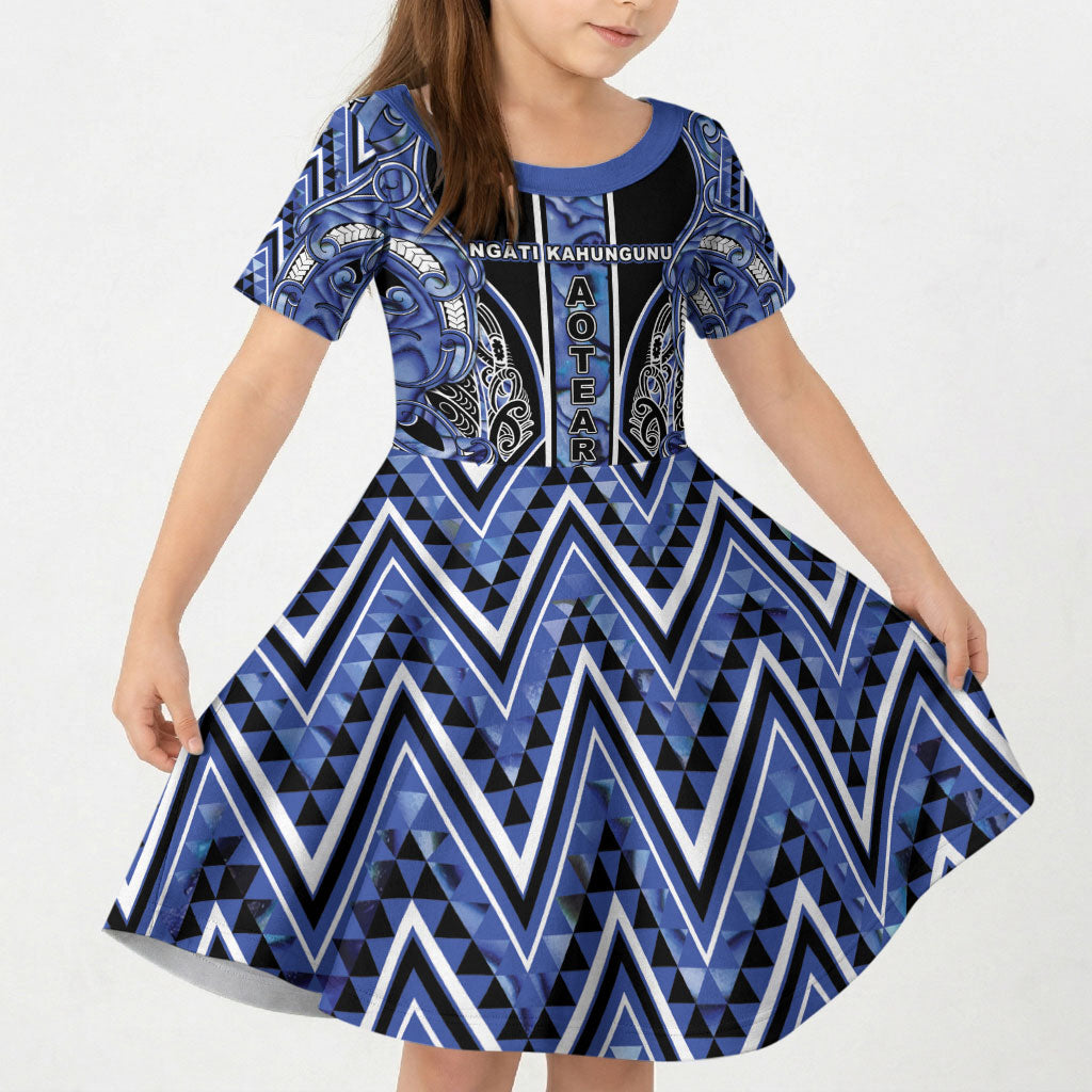 Aotearoa Ngati Kahungunu Kid Short Sleeve Dress Maori Tribal Blue Paua Shell Pattern DT05 KID Blue - Polynesian Pride