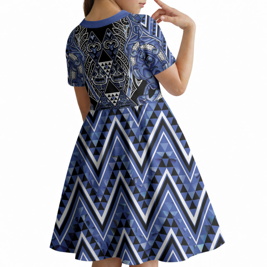 Aotearoa Ngati Kahungunu Kid Short Sleeve Dress Maori Tribal Blue Paua Shell Pattern DT05 - Polynesian Pride