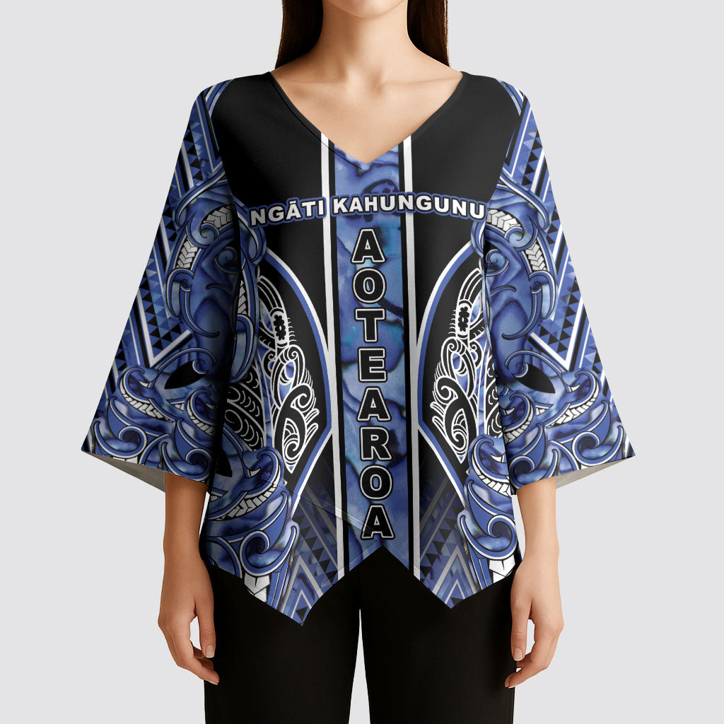 Aotearoa Ngati Kahungunu Kimono Sleeve Blouse Maori Tribal Blue Paua Shell Pattern DT05 - Polynesian Pride