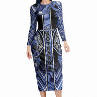Aotearoa Ngati Kahungunu Long Sleeve Bodycon Dress Maori Tribal Blue Paua Shell Pattern DT05 Long Dress Blue - Polynesian Pride