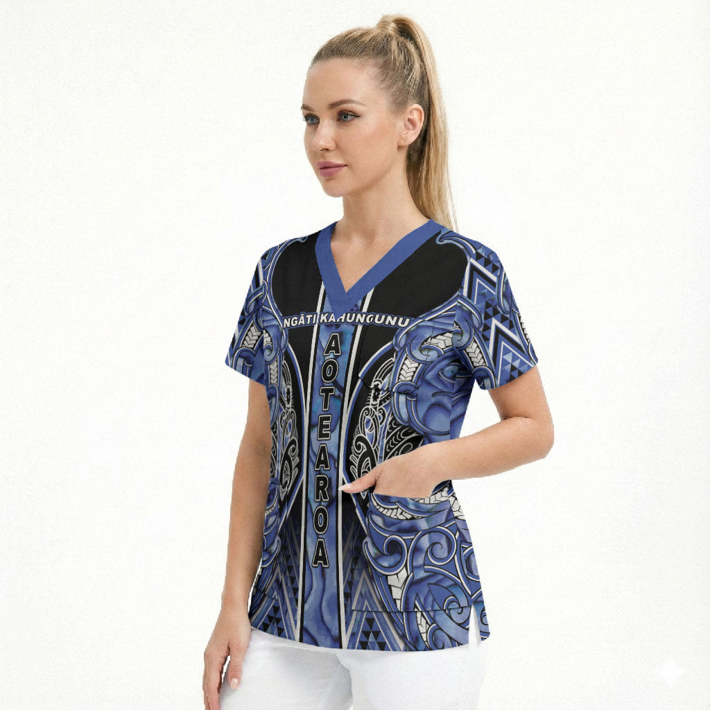 Aotearoa Ngati Kahungunu Scrub Top Maori Tribal Blue Paua Shell Pattern DT05 - Polynesian Pride