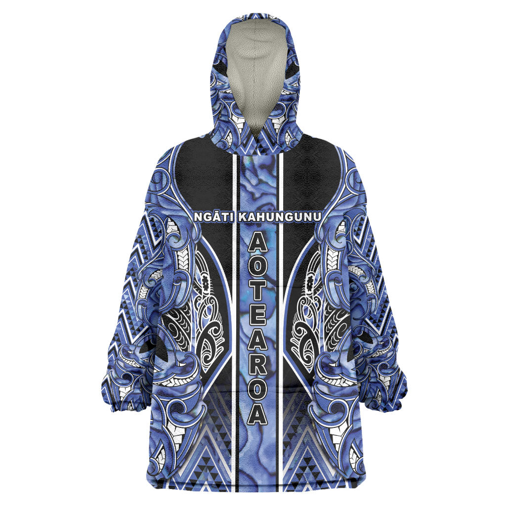 Aotearoa Ngati Kahungunu Wearable Blanket Hoodie Maori Tribal Blue Paua Shell Pattern DT05 One Size Blue - Polynesian Pride