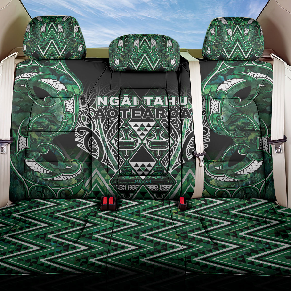 Aotearoa Ngai Tahu Back Car Seat Cover Maori Tribal Dark Green Paua Shell Pattern DT05 One Size Green - Polynesian Pride