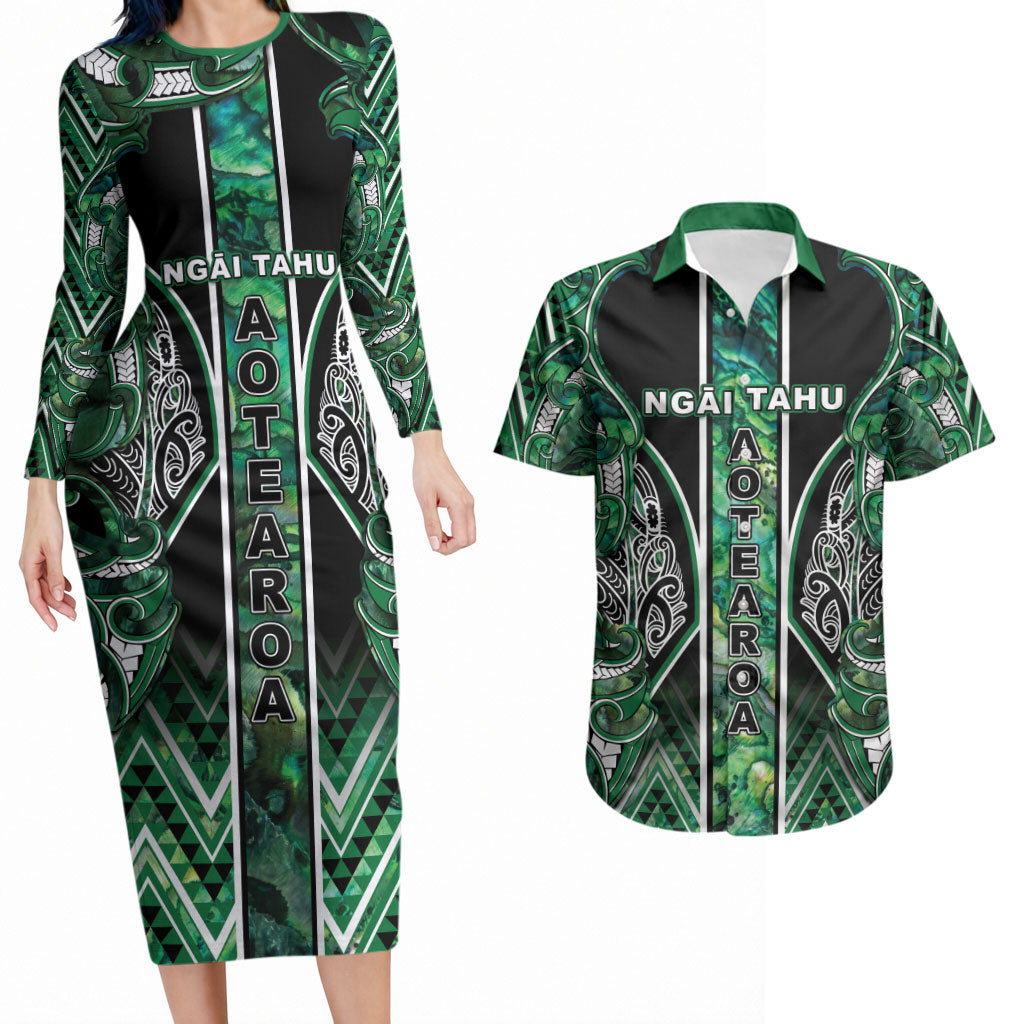 Aotearoa Ngai Tahu Couples Matching Long Sleeve Bodycon Dress and Hawaiian Shirt Maori Tribal Dark Green Paua Shell Pattern DT05 Green - Polynesian Pride