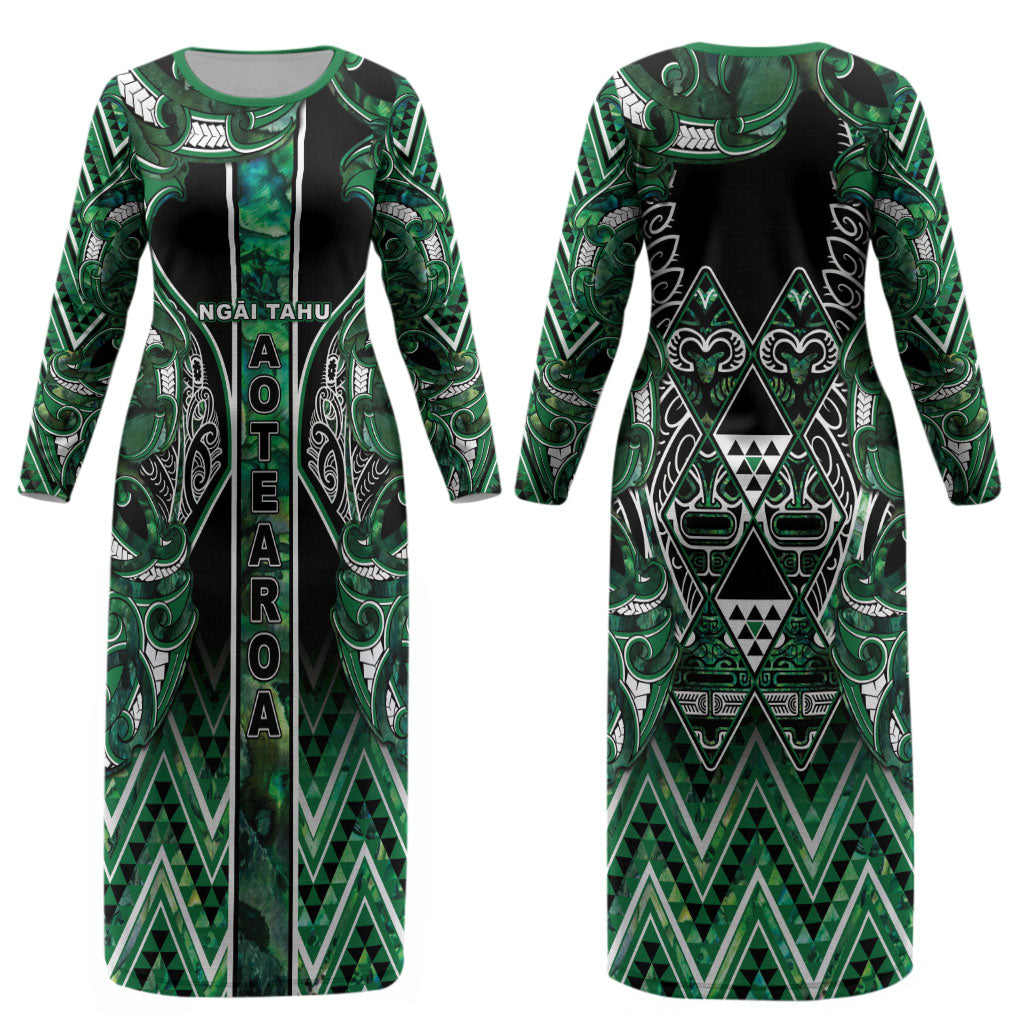Aotearoa Ngai Tahu Couples Matching Long Sleeve Bodycon Dress and Hawaiian Shirt Maori Tribal Dark Green Paua Shell Pattern DT05 - Polynesian Pride
