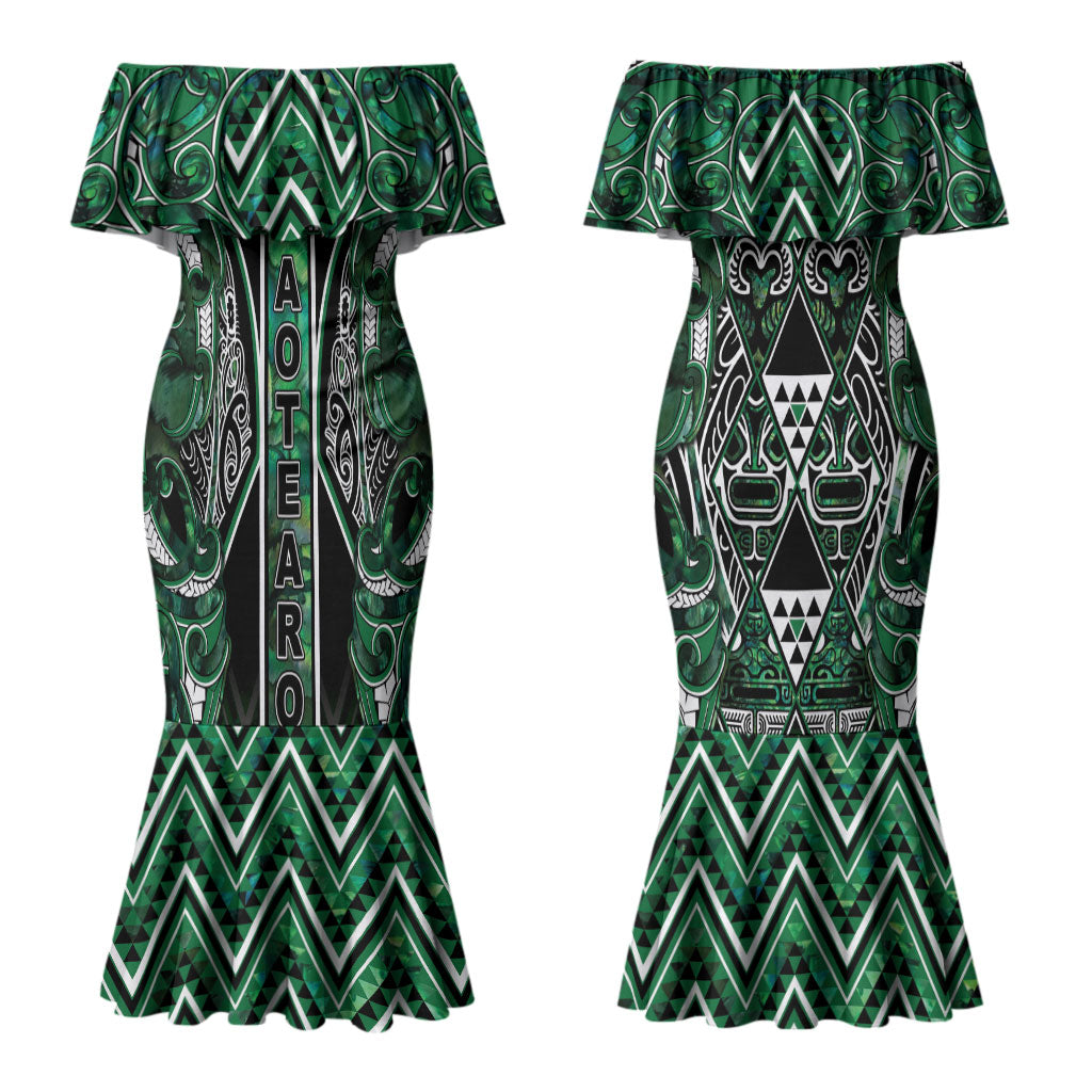 Aotearoa Ngai Tahu Couples Matching Mermaid Dress and Hawaiian Shirt Maori Tribal Dark Green Paua Shell Pattern DT05 - Polynesian Pride