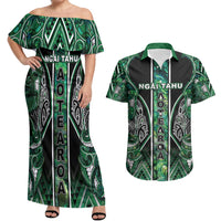 Aotearoa Ngai Tahu Couples Matching Off Shoulder Maxi Dress and Hawaiian Shirt Maori Tribal Dark Green Paua Shell Pattern DT05 Green - Polynesian Pride
