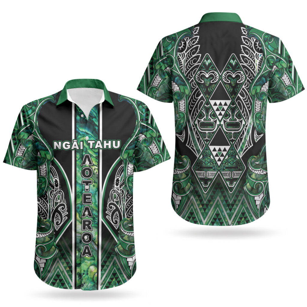 Aotearoa Ngai Tahu Couples Matching Off Shoulder Maxi Dress and Hawaiian Shirt Maori Tribal Dark Green Paua Shell Pattern DT05 - Polynesian Pride
