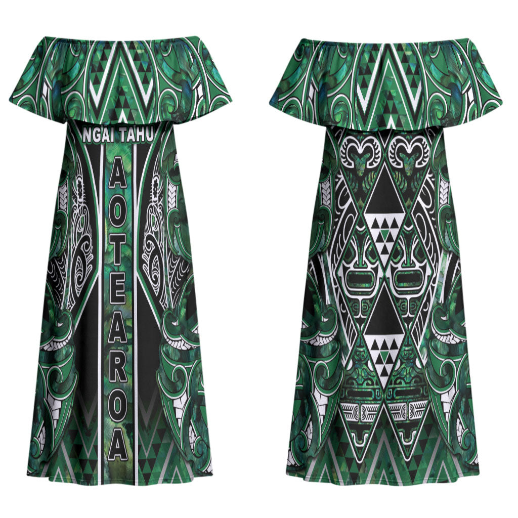 Aotearoa Ngai Tahu Couples Matching Off Shoulder Maxi Dress and Hawaiian Shirt Maori Tribal Dark Green Paua Shell Pattern DT05 - Polynesian Pride