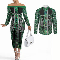 Aotearoa Ngai Tahu Couples Matching Off The Shoulder Long Sleeve Dress and Long Sleeve Button Shirt Maori Tribal Dark Green Paua Shell Pattern DT05 Green - Polynesian Pride