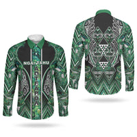 Aotearoa Ngai Tahu Couples Matching Off The Shoulder Long Sleeve Dress and Long Sleeve Button Shirt Maori Tribal Dark Green Paua Shell Pattern DT05 - Polynesian Pride