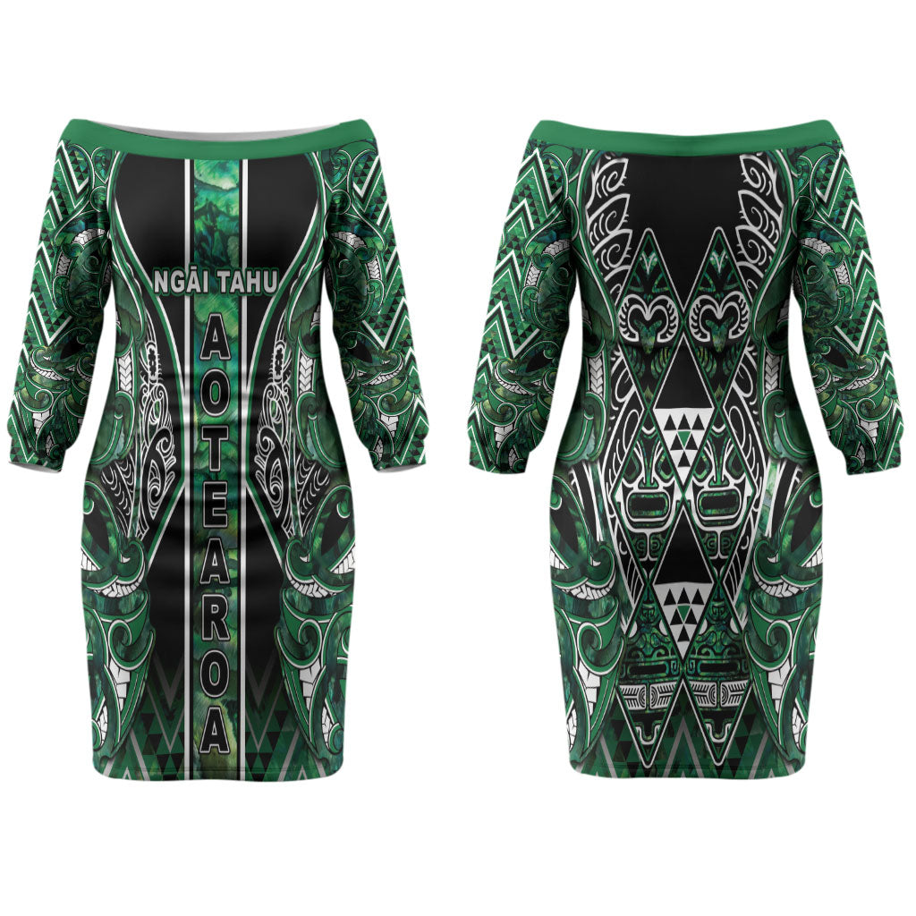 Aotearoa Ngai Tahu Couples Matching Off The Shoulder Long Sleeve Dress and Long Sleeve Button Shirt Maori Tribal Dark Green Paua Shell Pattern DT05 - Polynesian Pride